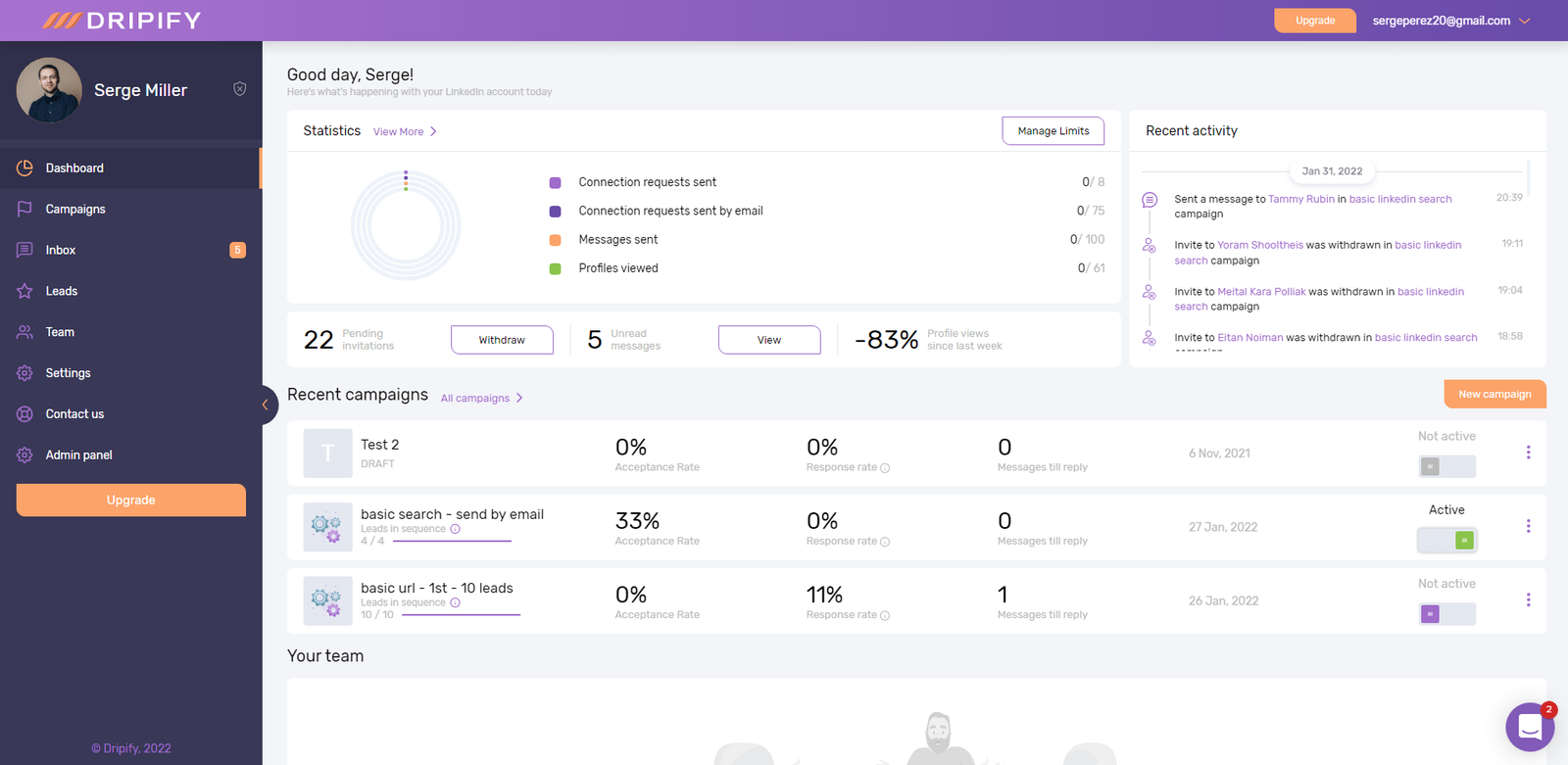 Dripify app interface